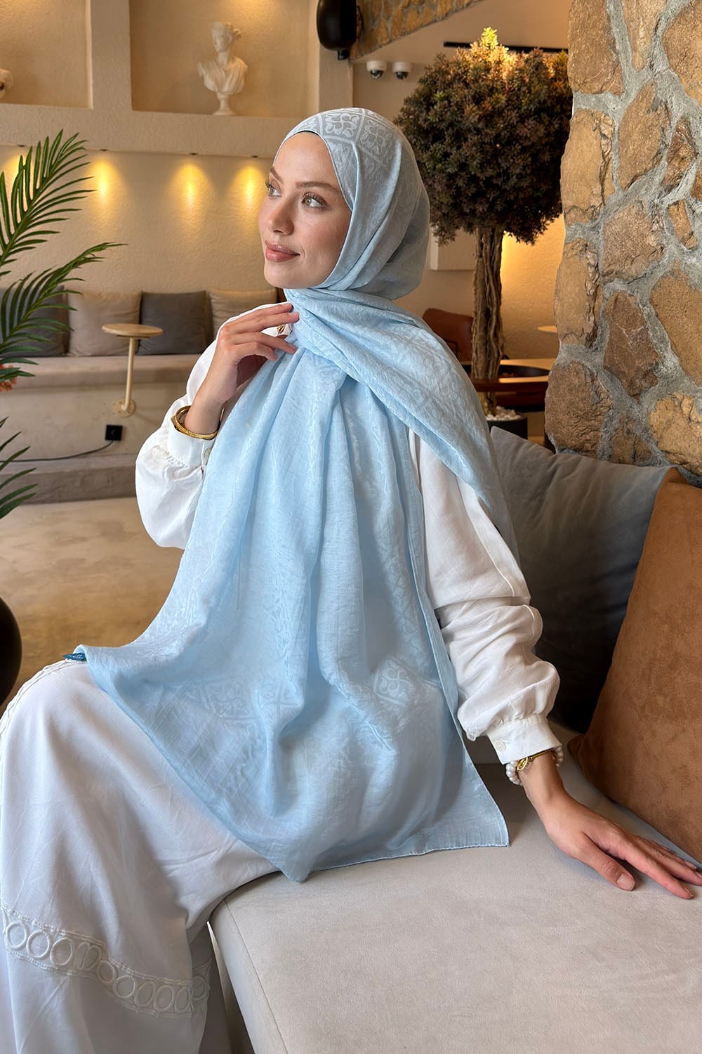 Diamond Desen Aura Pamuk  Jakar  Şal Bebe Mavisi