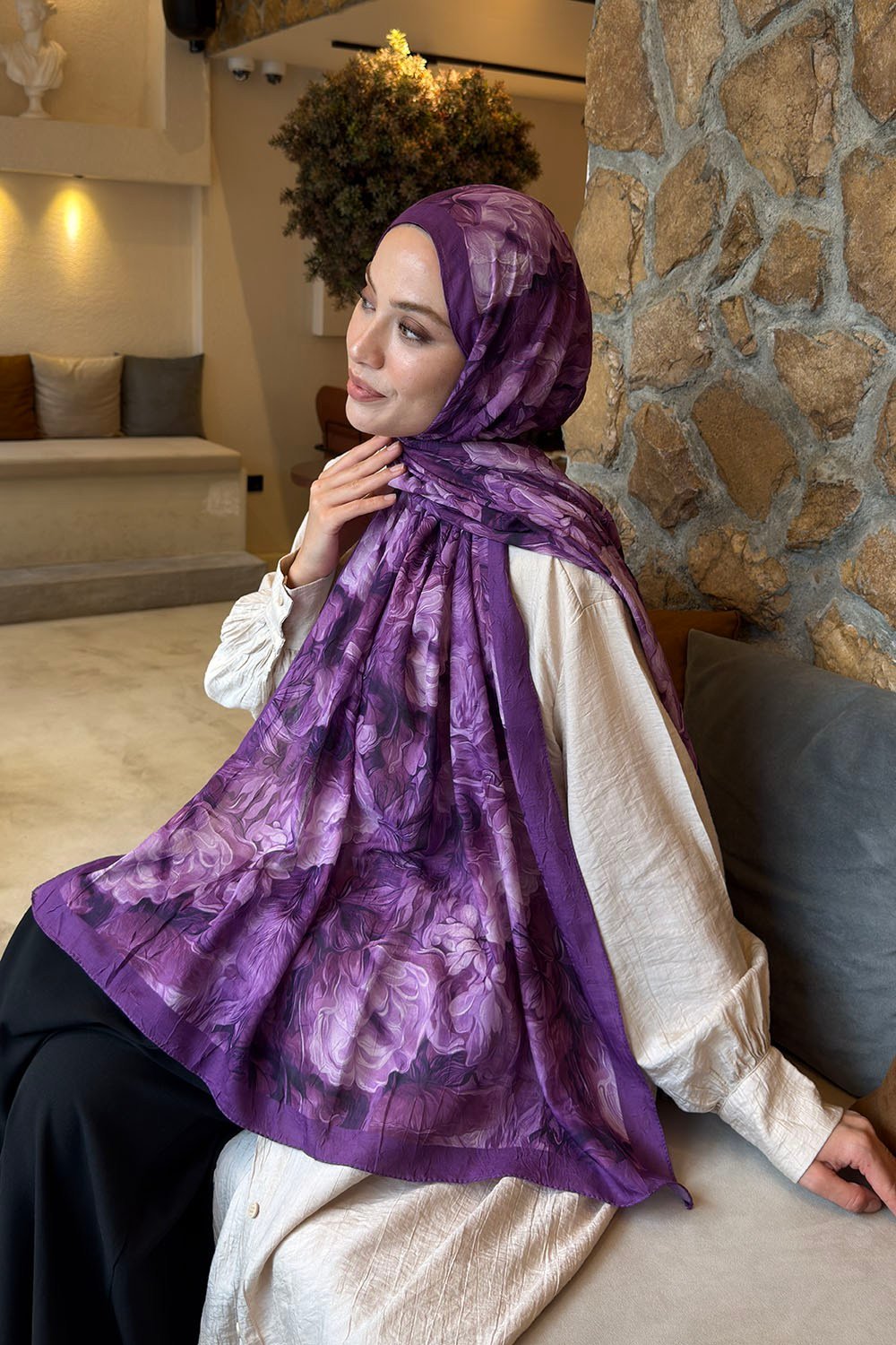 Vintage Flower Desen Bambu Şal Mor
