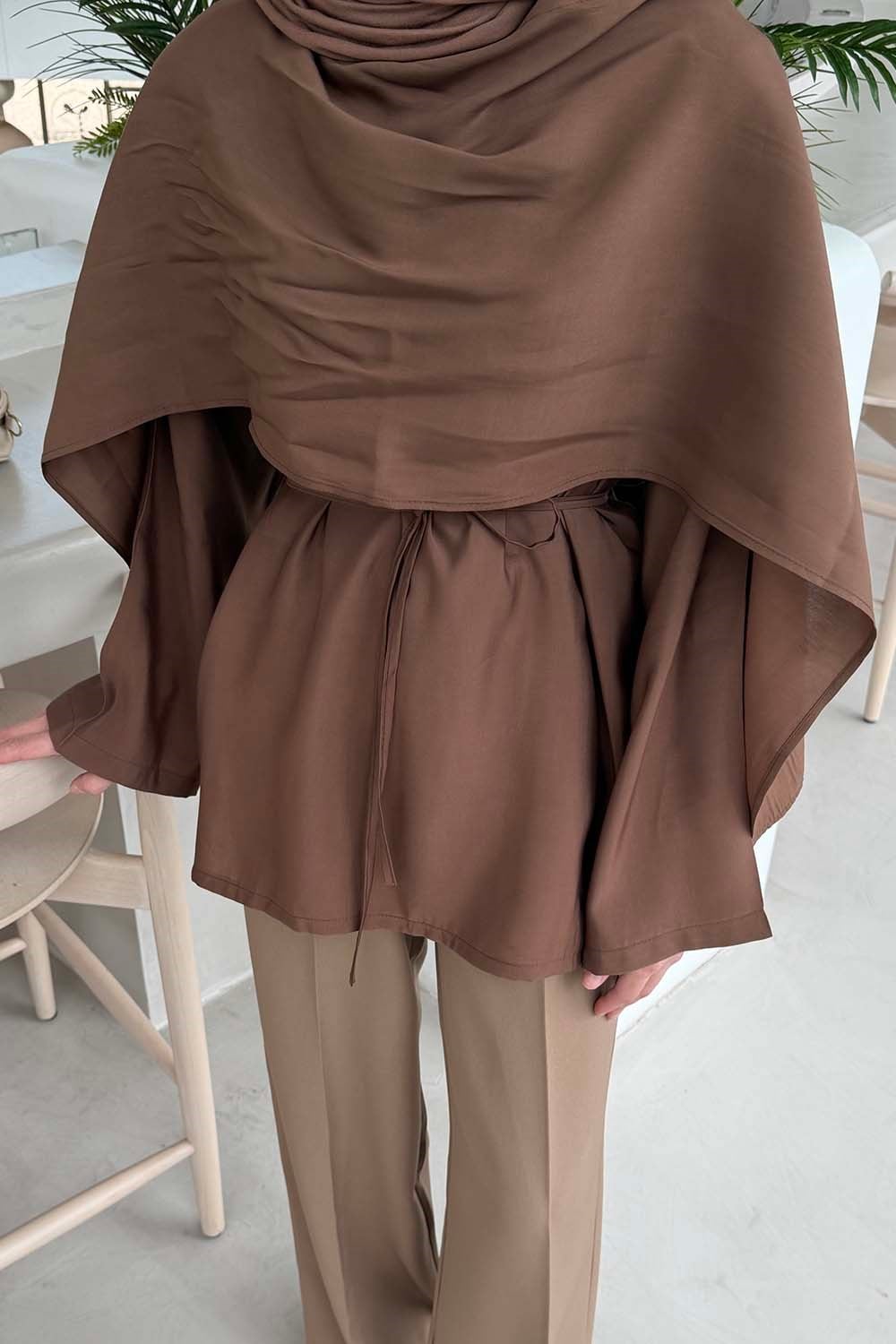 Şallı Bağlama Detaylı Tunik Soft Kahve