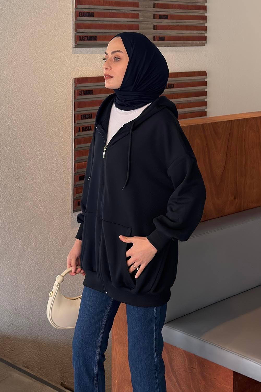 Kapüşonlu Fermuarlı Sweatshirt Hırka Lacivert