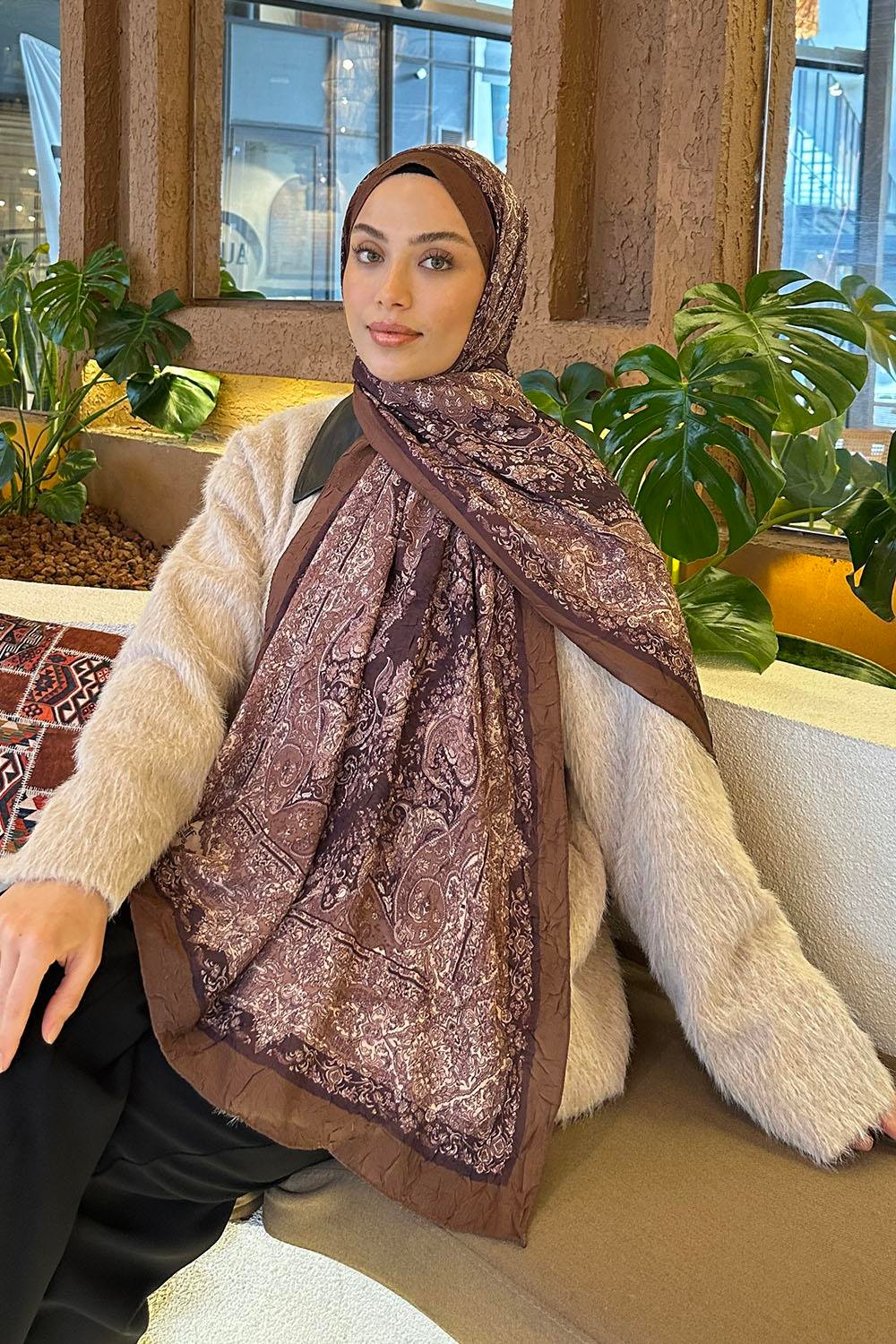 Retro Desen Bambu Şal Asker Yeşili
