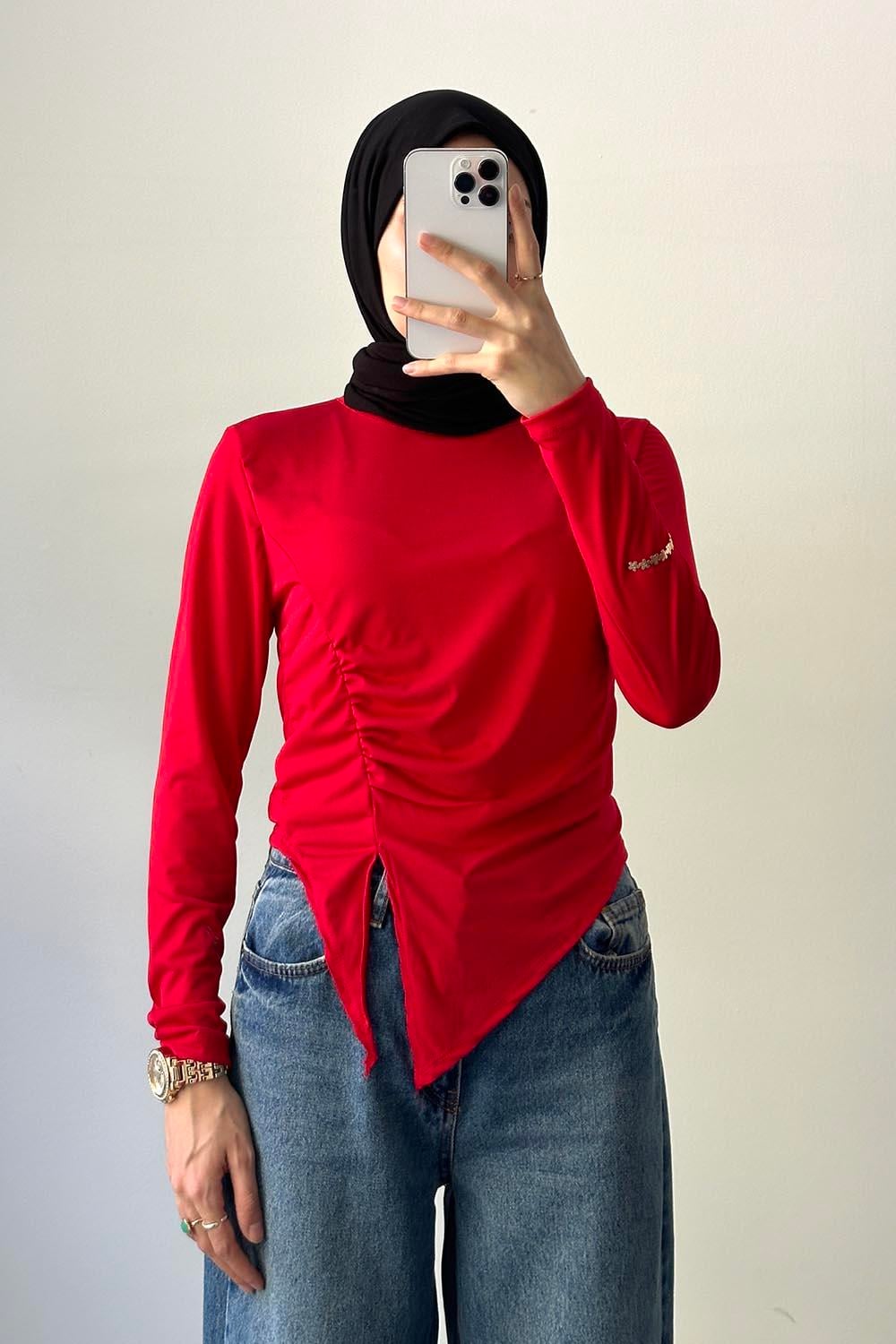Bisiklet Yaka Yırtmaç Detaylı Sandy Body Nar Çiçeği