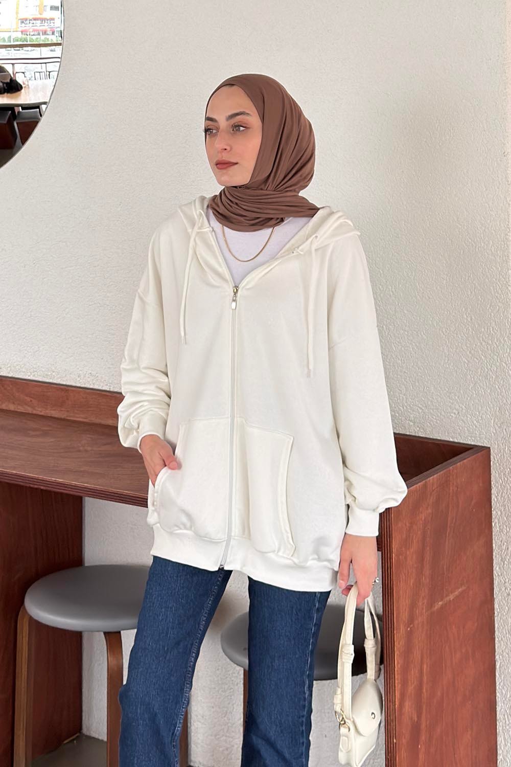 Kapüşonlu Fermuarlı Sweatshirt Hırka Beyaz