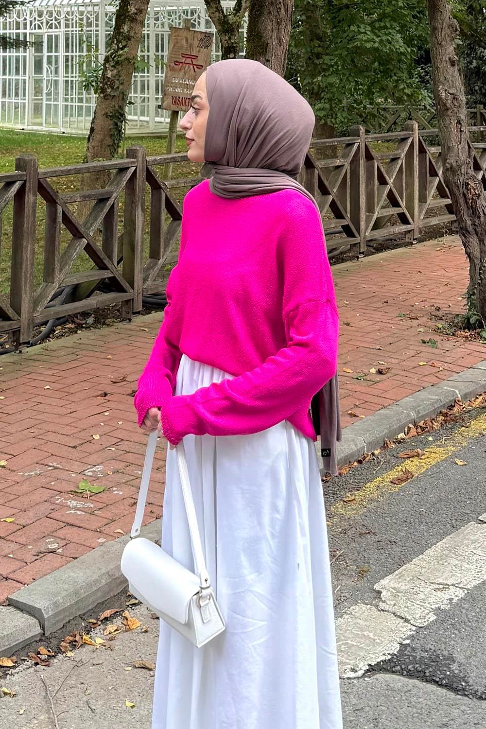 Kayık Yaka Triko Kazak Fuşya