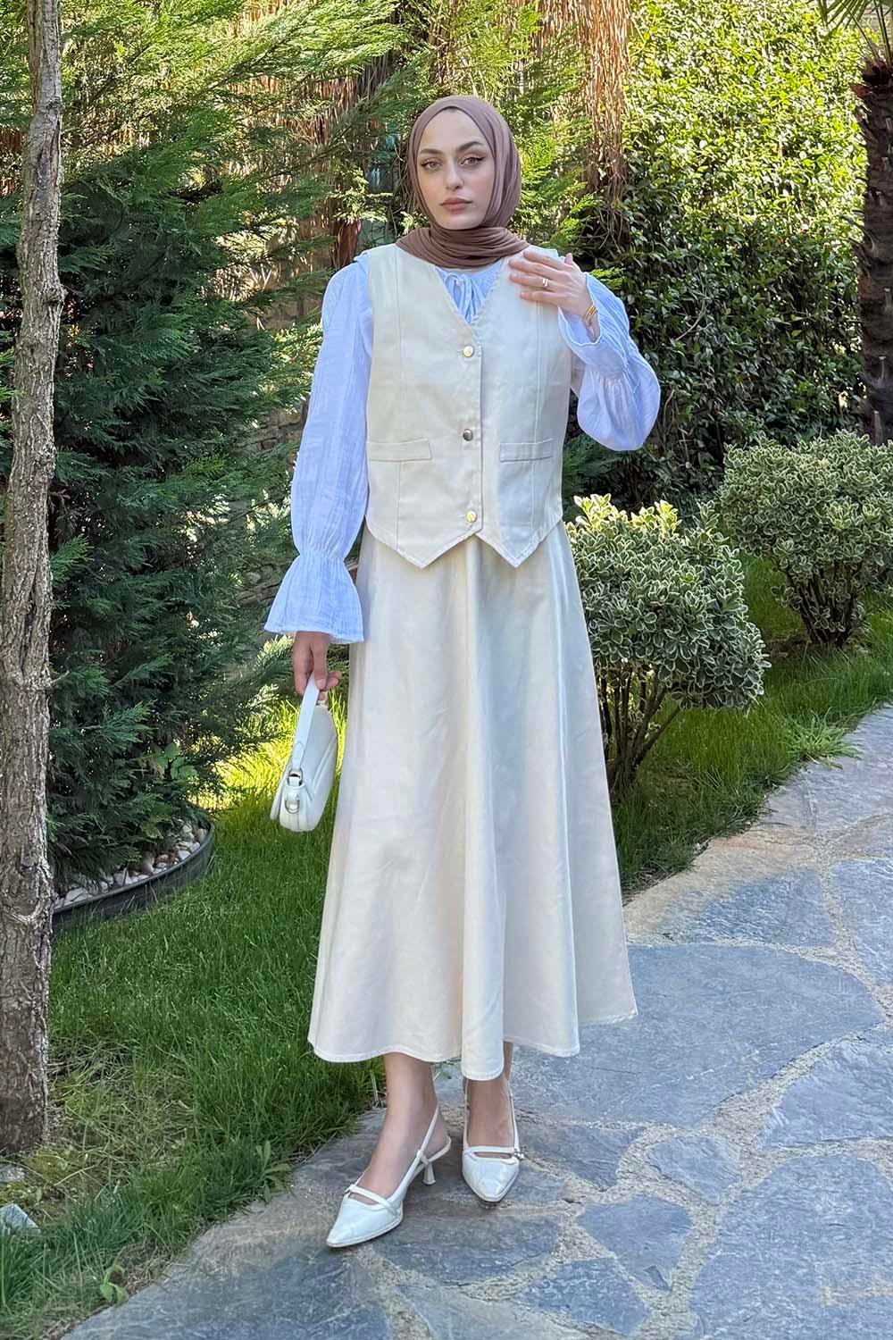 Gabardin Yelek-Etek İkili Tesettür Takım Taş