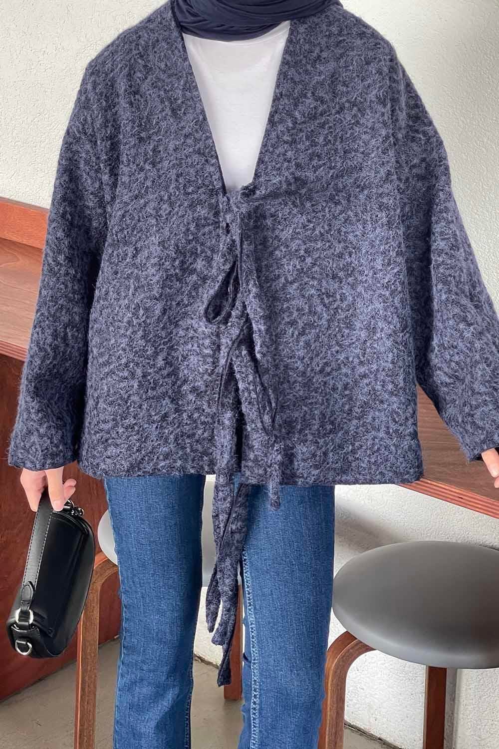 Bağlamalı Kaşe Kimono Lacivert