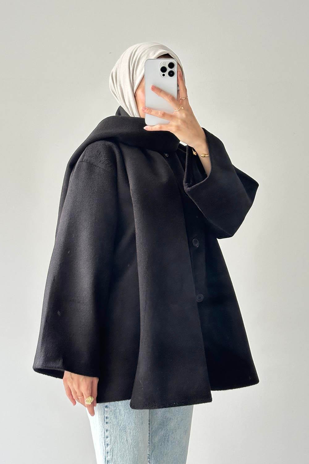 Şal Yaka Kaşe Kaban Siyah