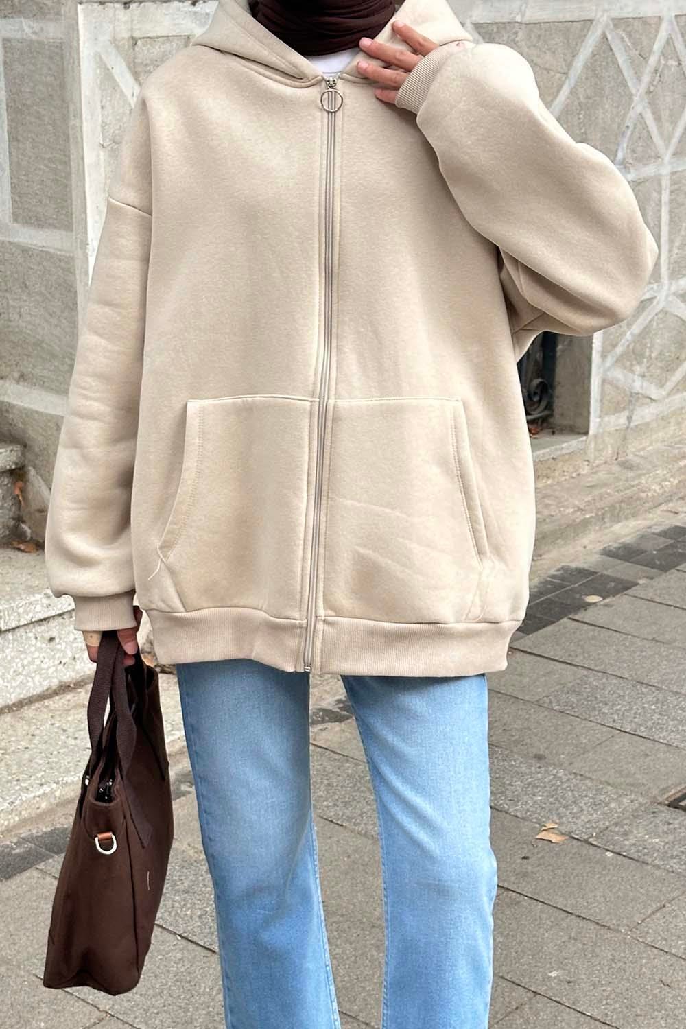 Kapüşonlu Oversize Yan Cepli Sweat Bej