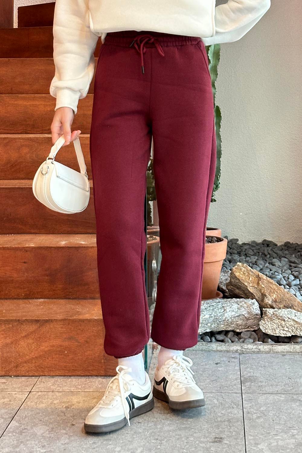 Üç İplik Şardonlu  Eşofman Altı Bordo
