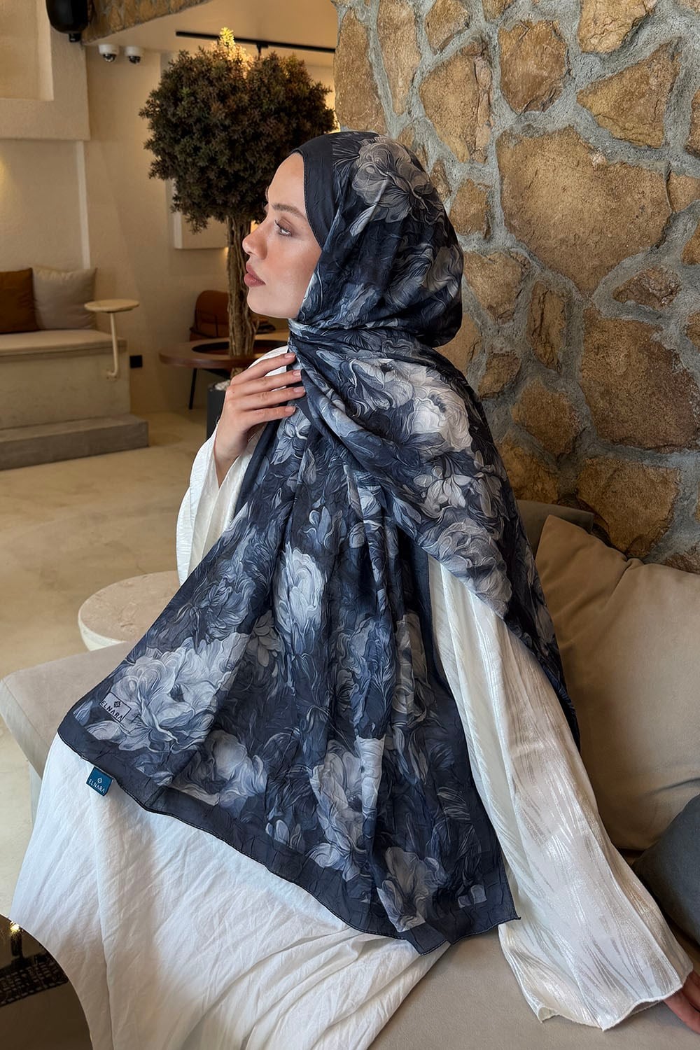 Vintage Flower Desen Bambu Şal Antrasit