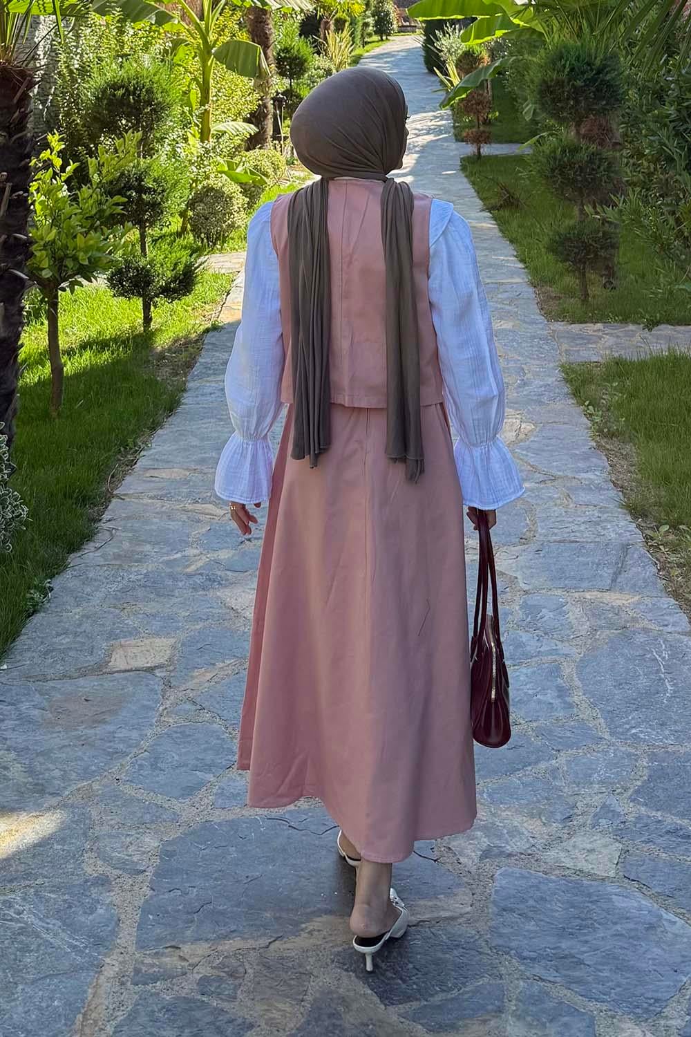 Gabardin Yelek-Etek İkili Tesettür Takım Pudra