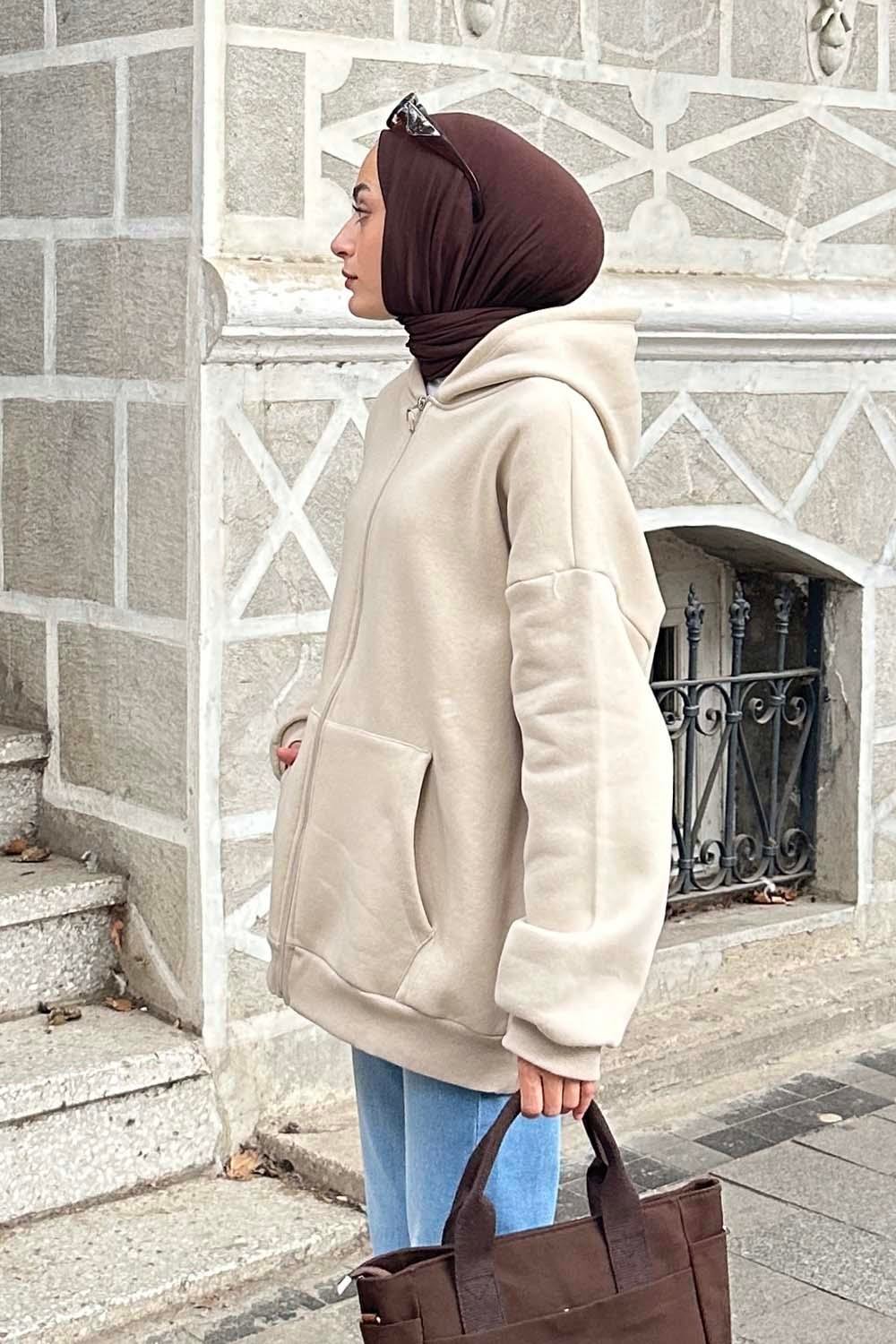 Kapüşonlu Oversize Yan Cepli Sweat Bej