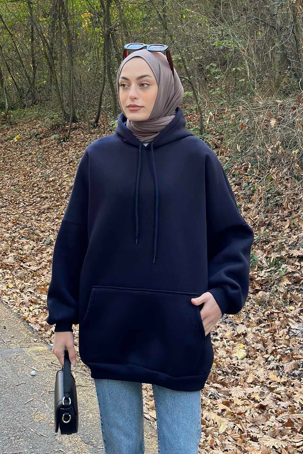 Üç İplik Kanguru Cep Sweatshirt Lacivert
