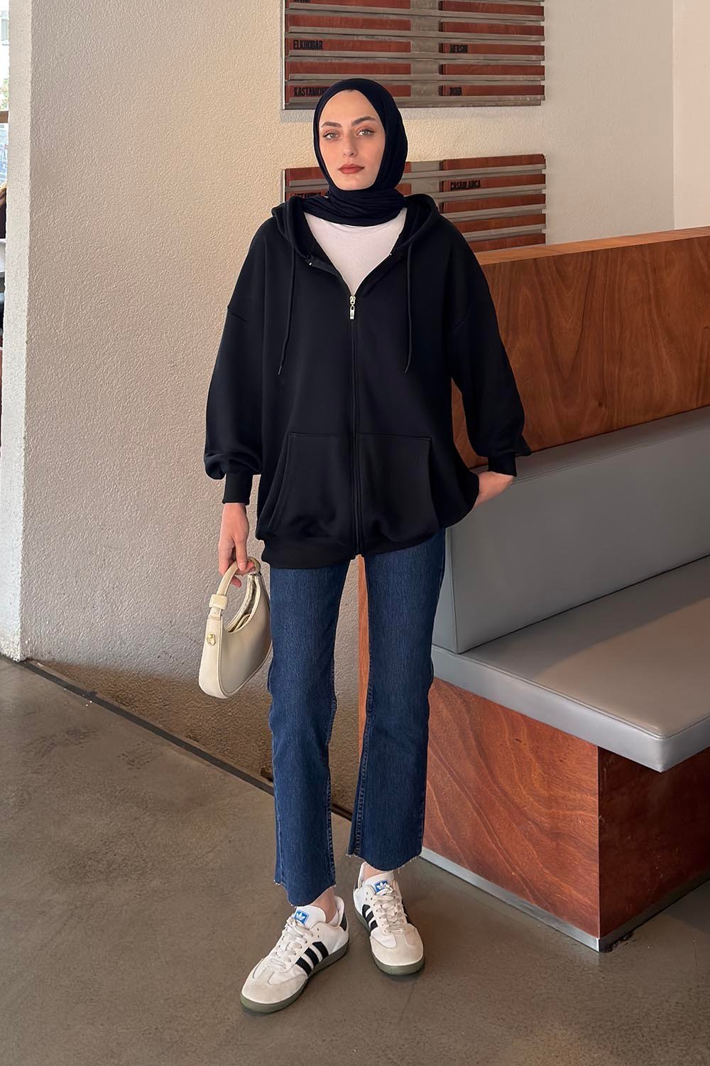 Kapüşonlu Fermuarlı Sweatshirt Hırka Lacivert