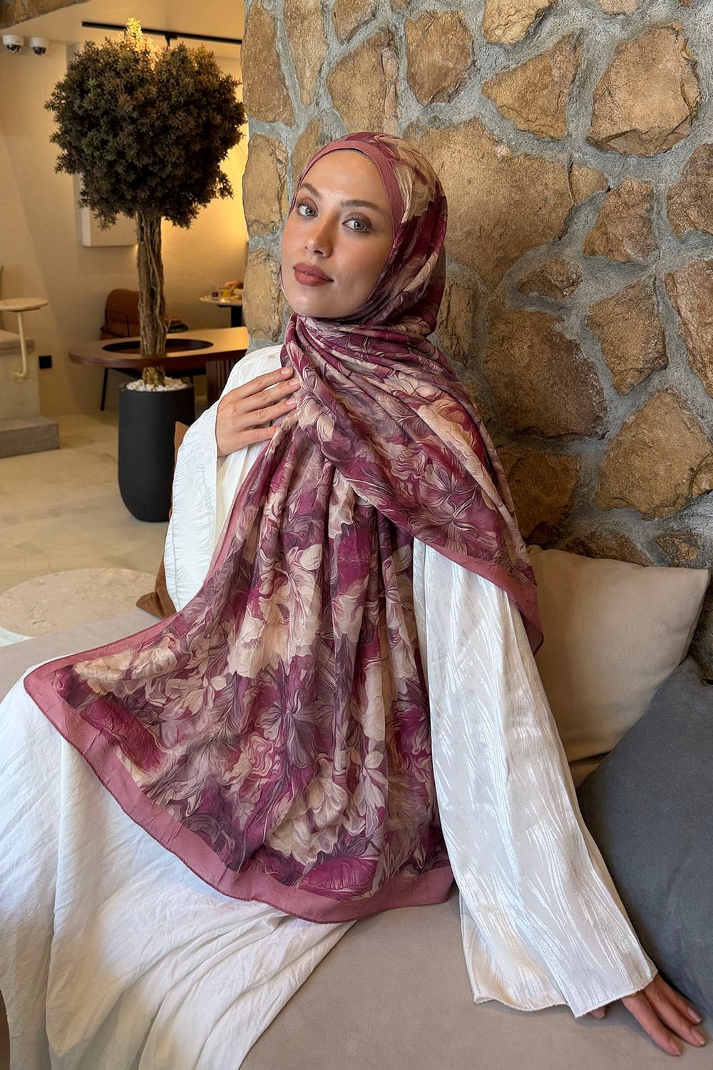 Vintage Flower Desen Bambu Şal Gül