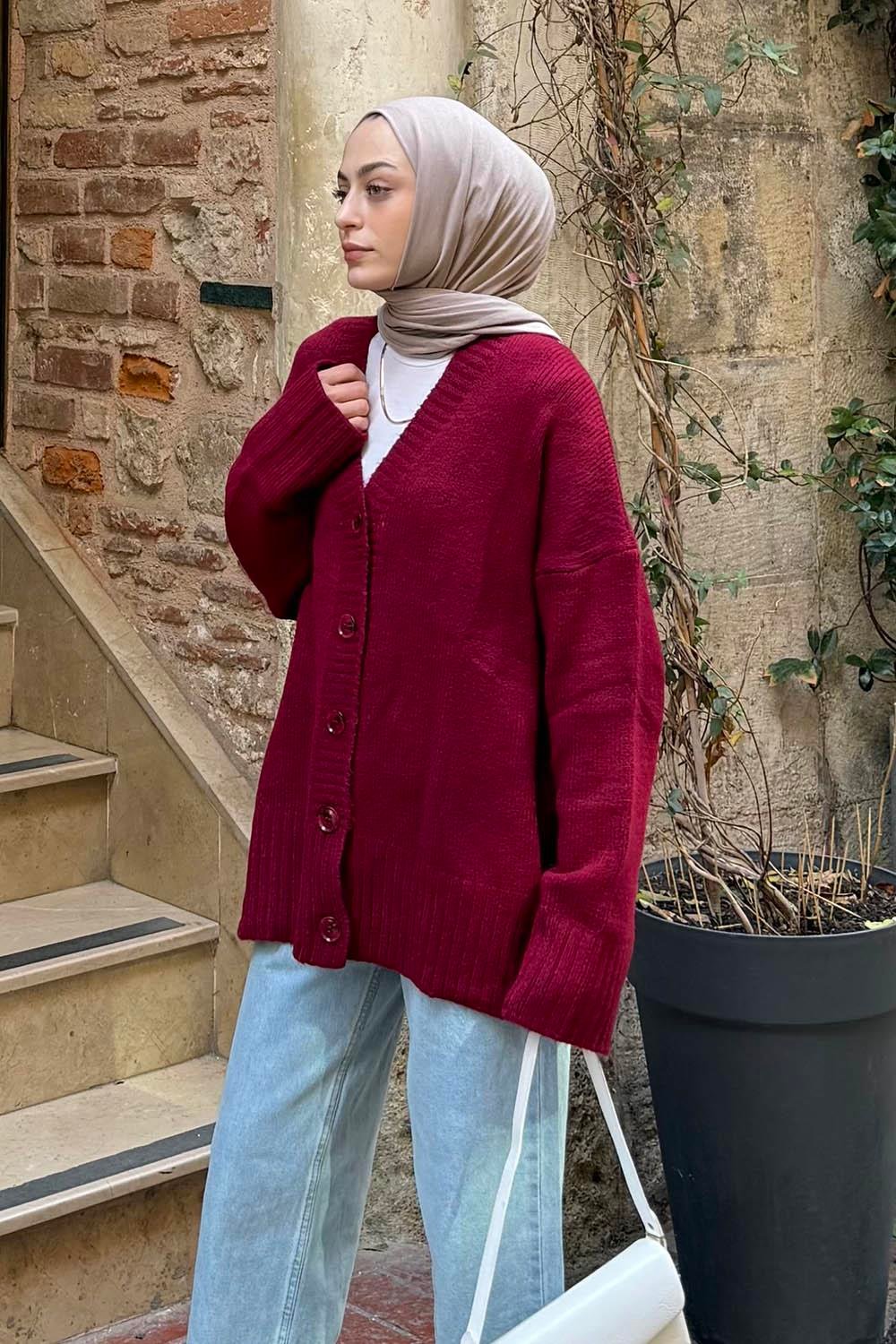 Salaş Dokulu Basic Hırka Bordo