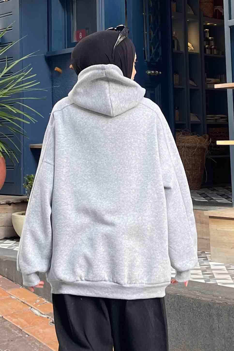 Kapüşonlu Oversize Yan Cepli Sweat Gri
