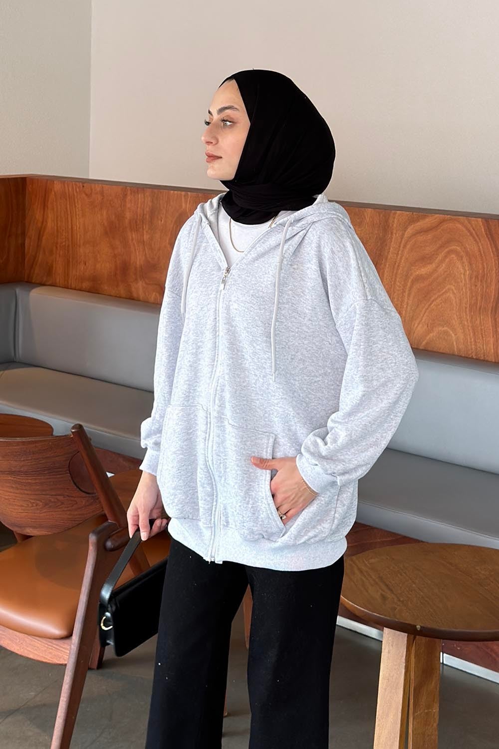 Kapüşonlu Fermuarlı Sweatshirt Hırka Gri