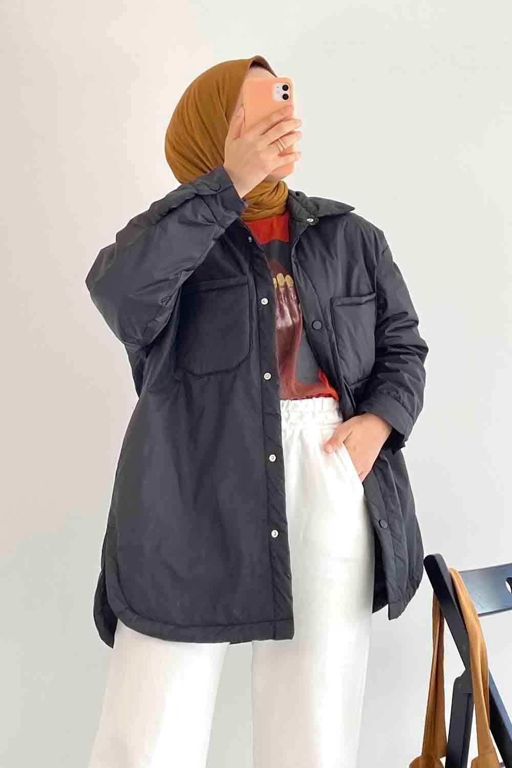 Çift Cepli Boydan Düğmeli Gizli Cepli Mont Siyah