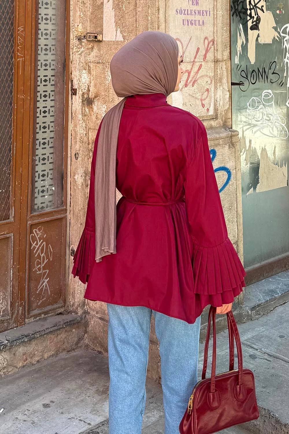 Piliseli Uzun Gömlek Bordo