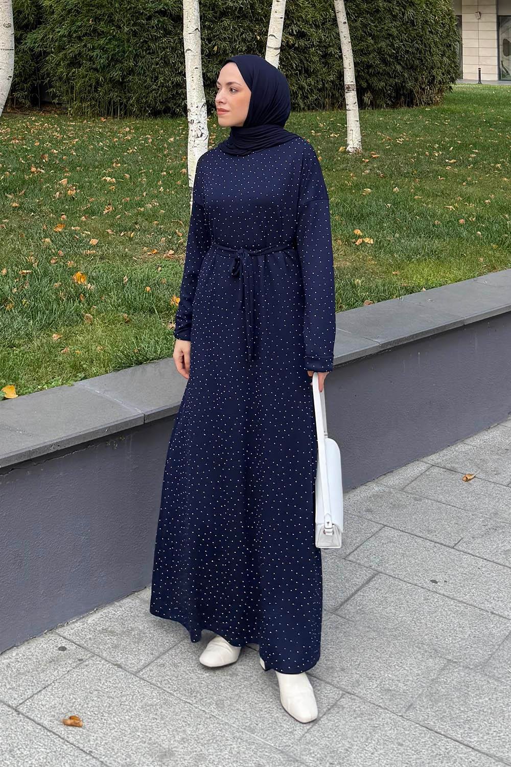 Taş Detaylı Tesettür Elbise Lacivert