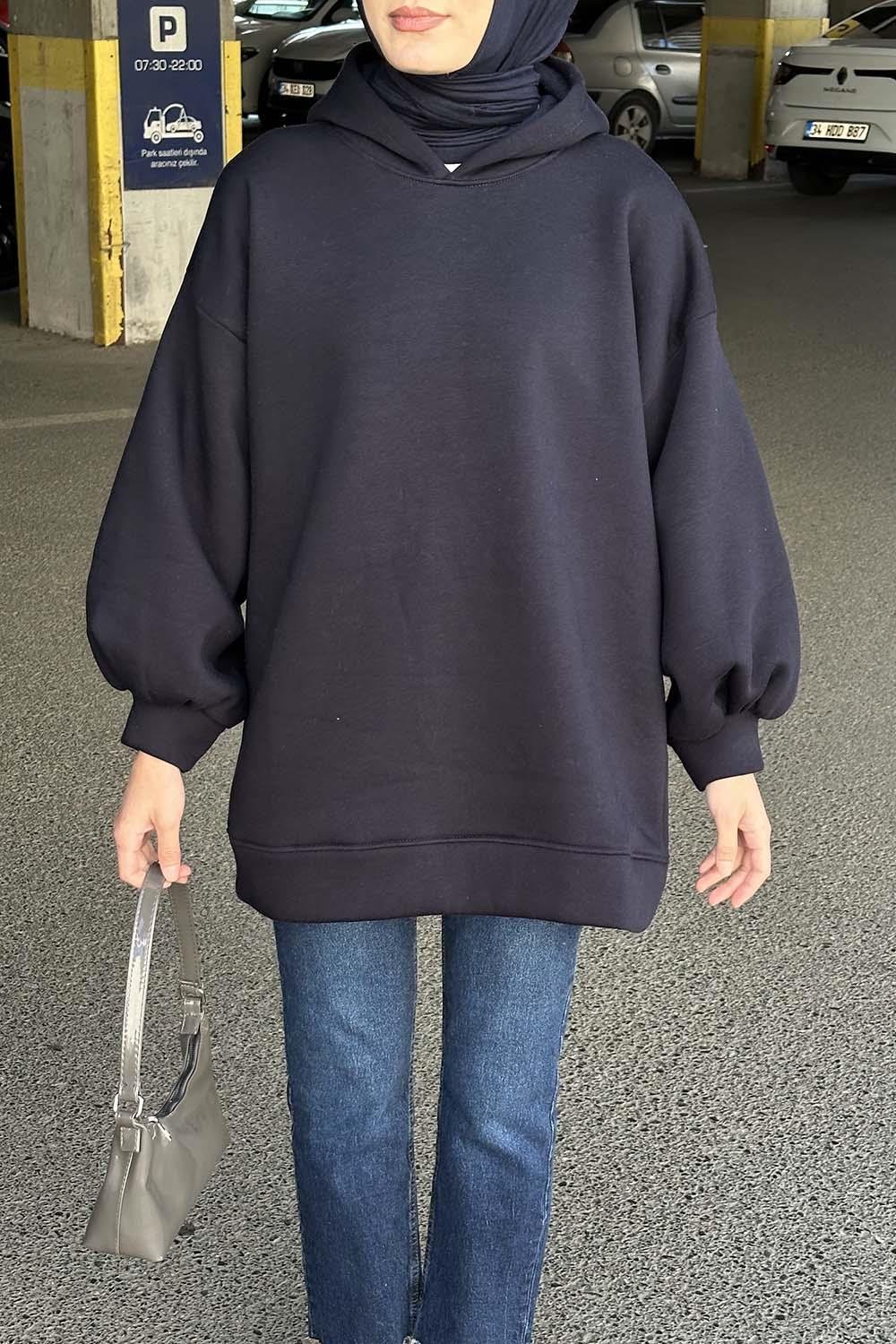 Üç İplik Balon Kol Sweatshirt Lacivert