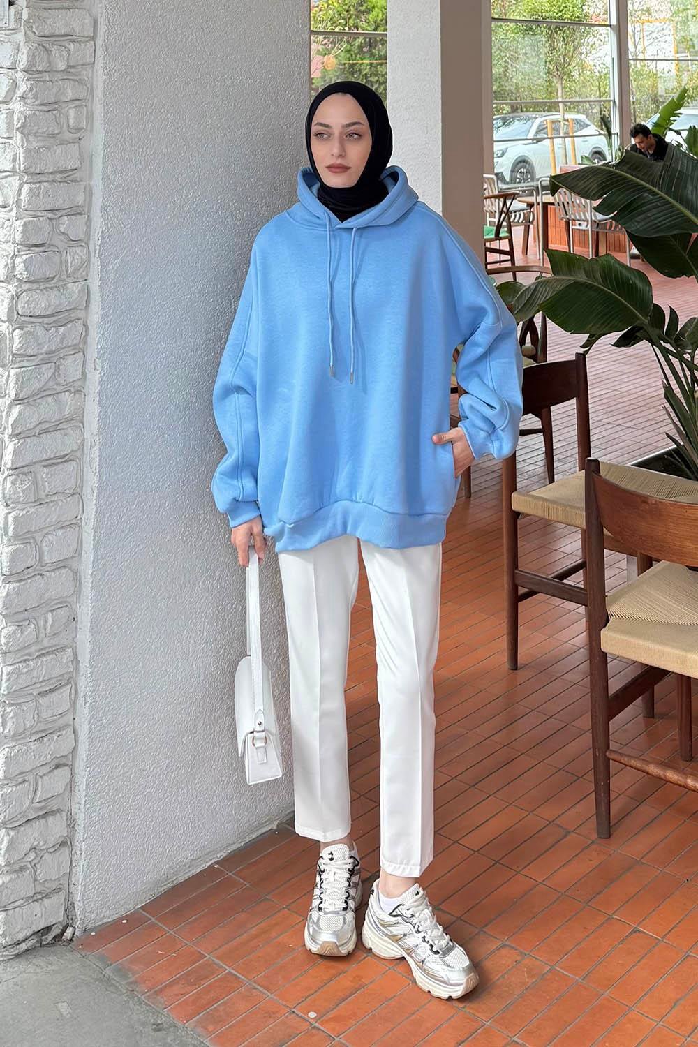 Kapüşonlu Oversize Yan Cepli Sweat Bebe Mavisi
