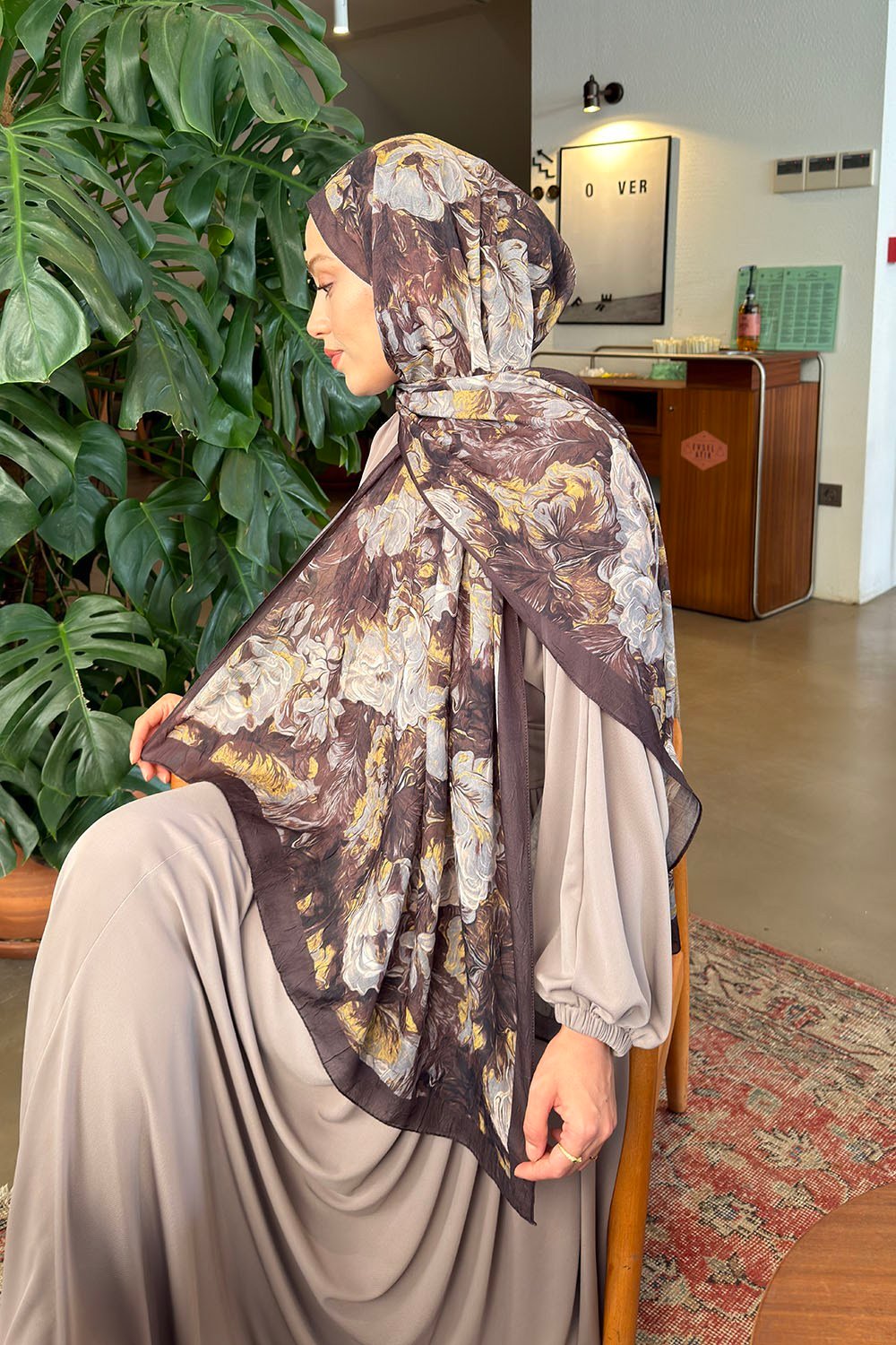 Vintage Flower Desen Bambu Şal Koyu Kahve