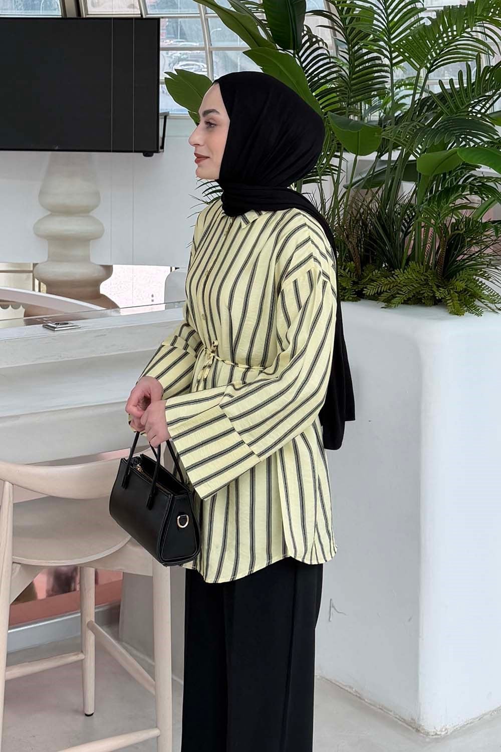 Çizgili Bağlamalı Gömlek Sarı