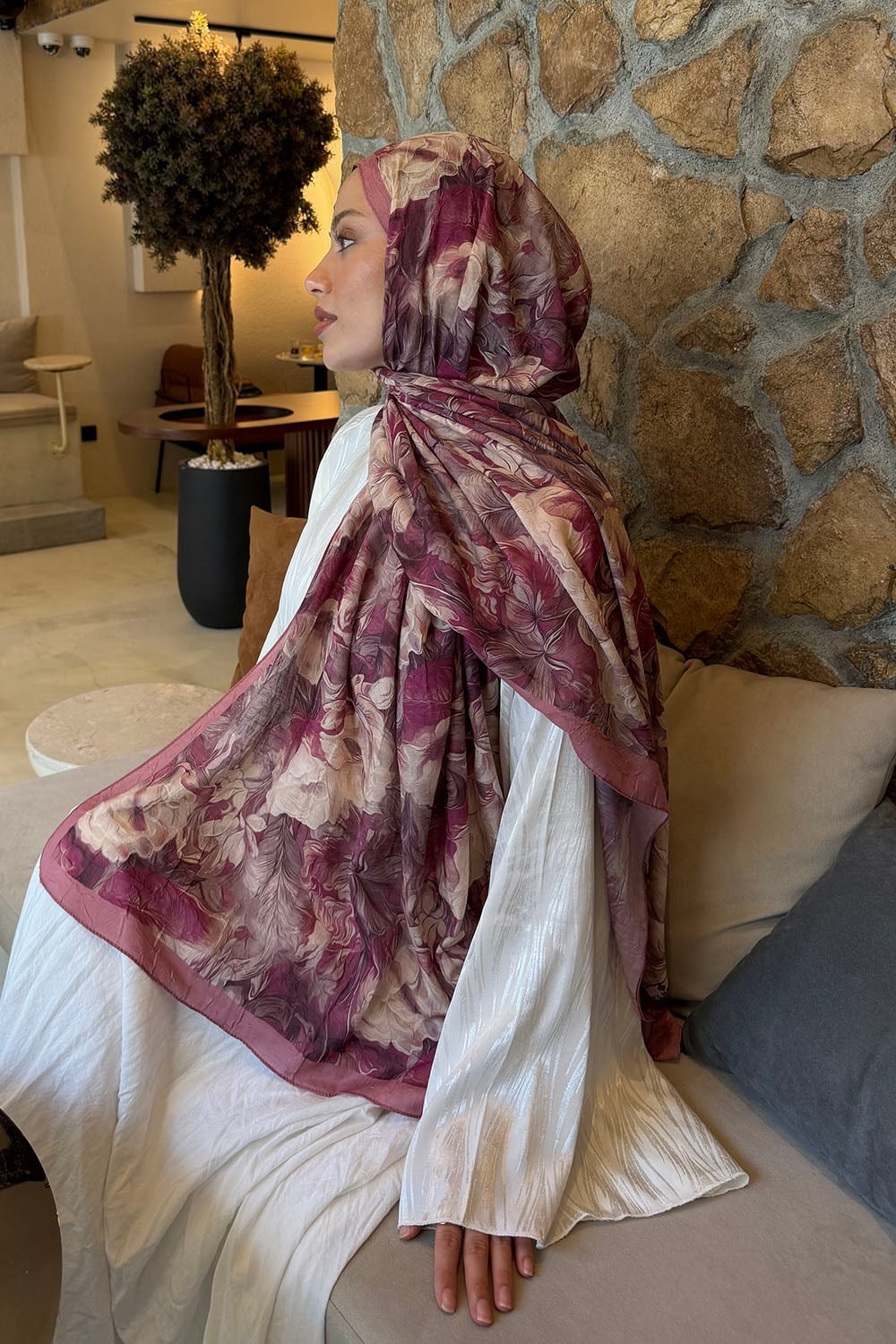 Vintage Flower Desen Bambu Şal Gül