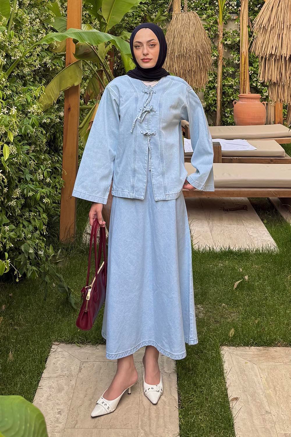 Bağcık Detaylı Denim Takım Buz Mavisi