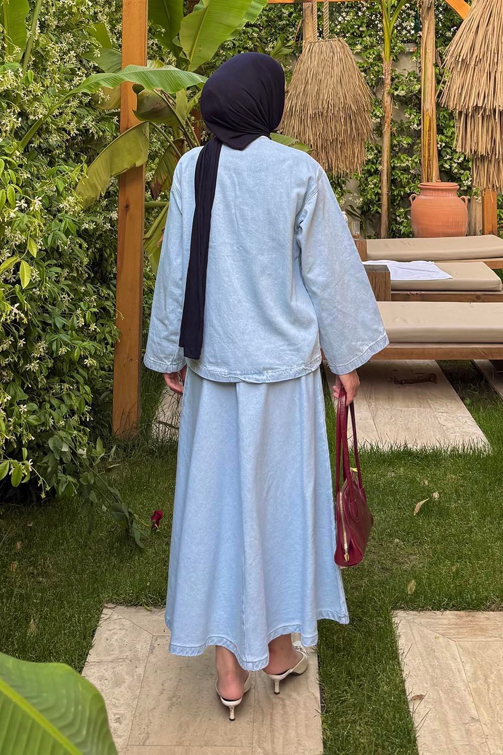 Bağcık Detaylı Denim Takım Buz Mavisi