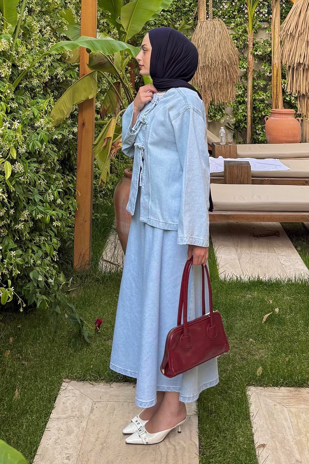 Bağcık Detaylı Denim Takım Buz Mavisi