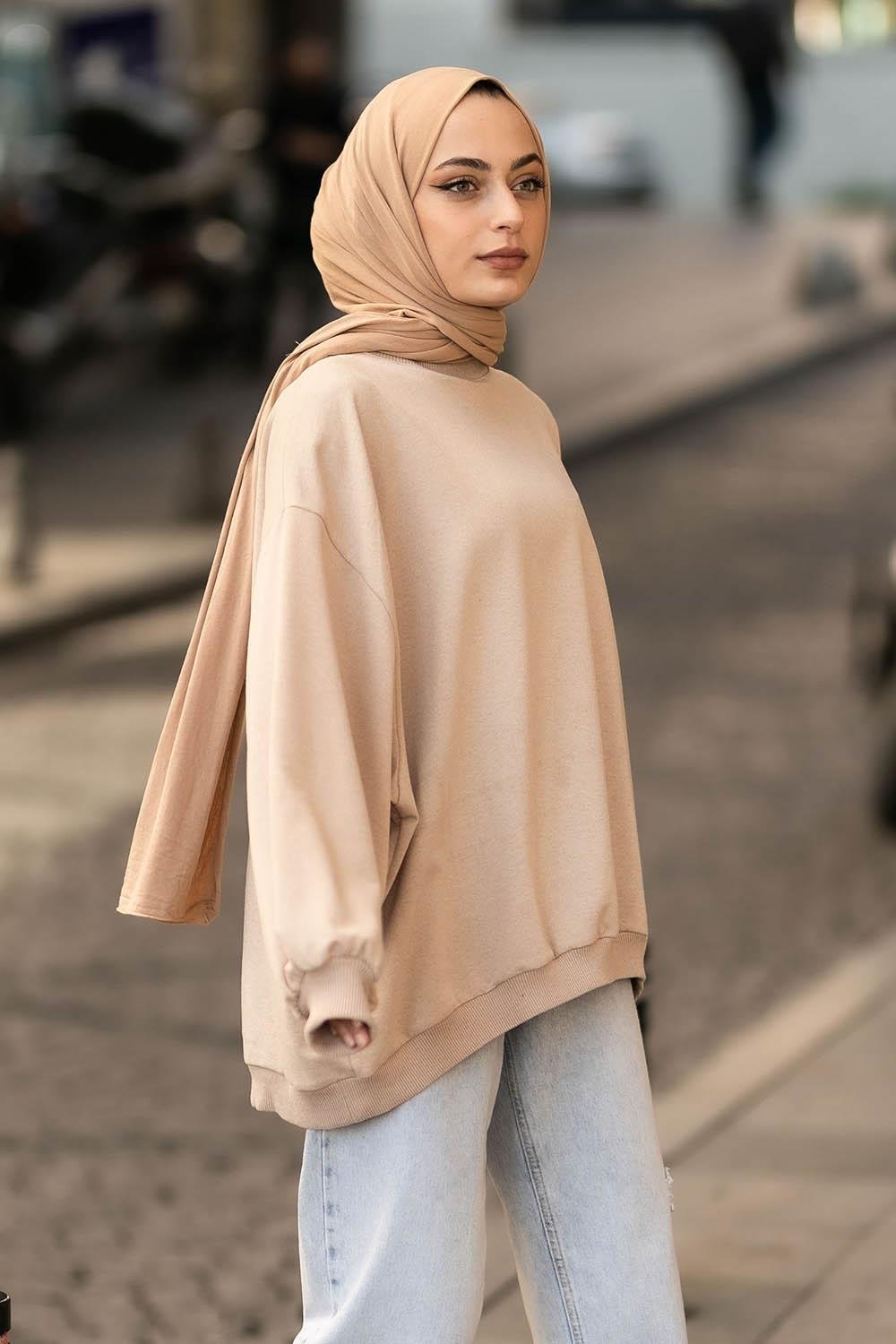 Balon Kol Yaka Ve Etek Ucu Manşetli Bol Sweat Sütlü Kahve