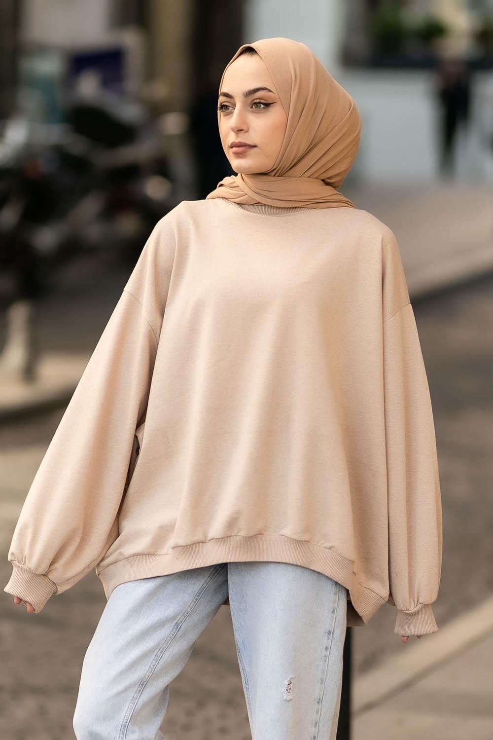 Balon Kol Yaka Ve Etek Ucu Manşetli Bol Sweat Sütlü Kahve