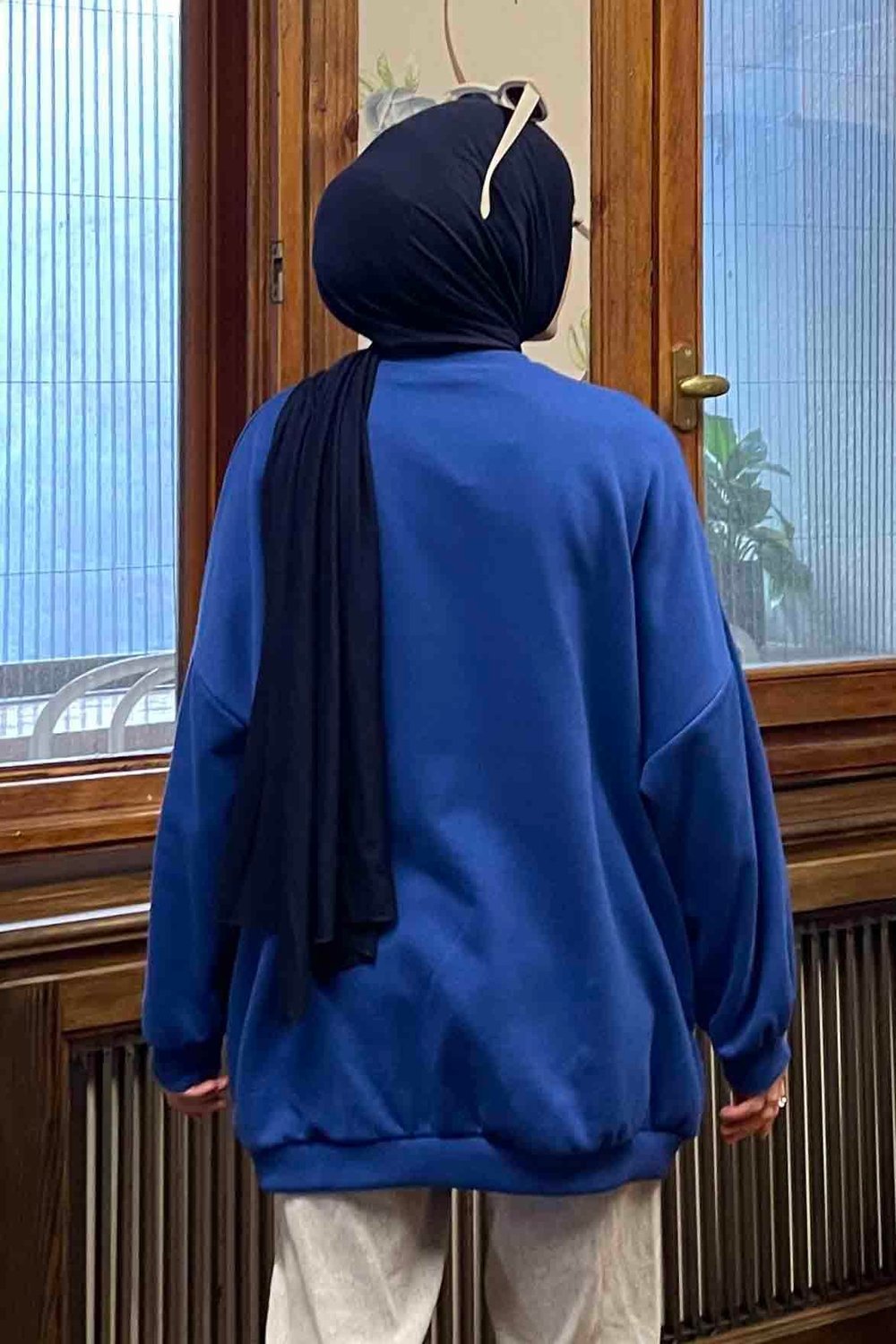 Balon Kol Yaka Ve Etek Ucu Manşetli Bol Sweat Saks Mavisi