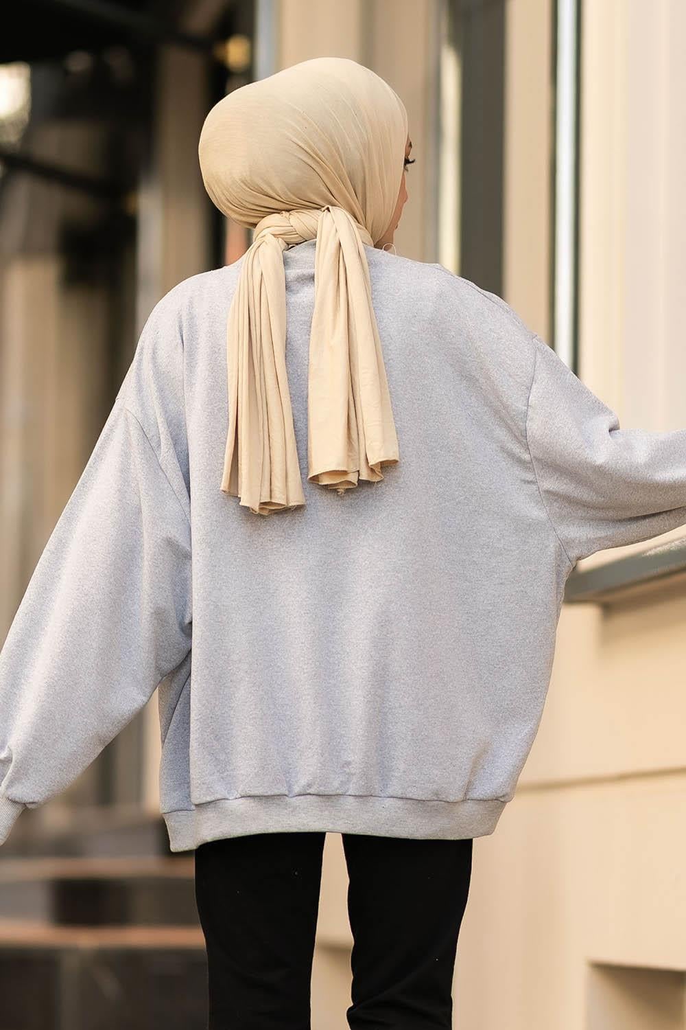 Balon Kol Yaka Ve Etek Ucu Manşetli Bol Sweat Gri