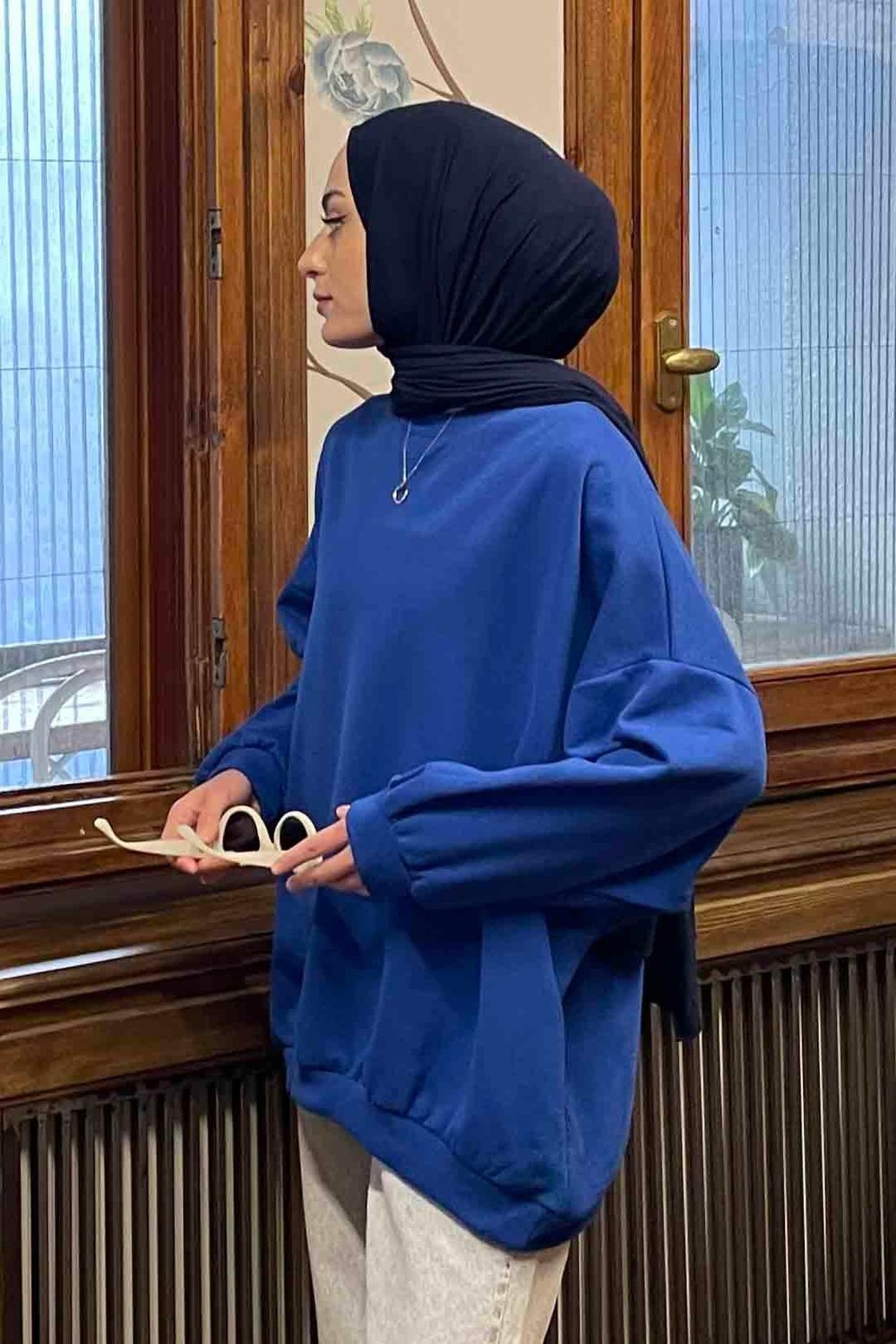 Balon Kol Yaka Ve Etek Ucu Manşetli Bol Sweat Saks Mavisi