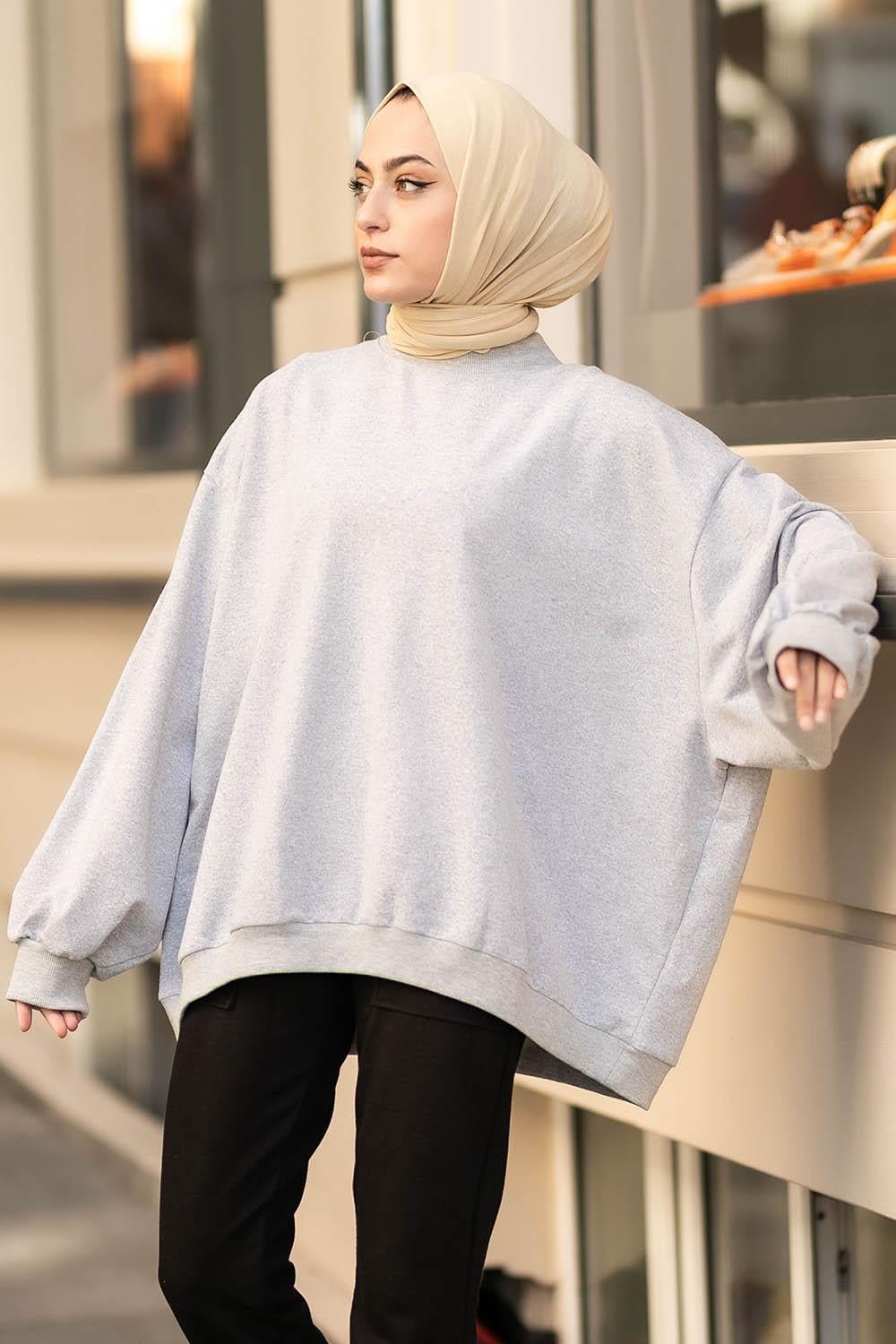 Balon Kol Yaka Ve Etek Ucu Manşetli Bol Sweat Gri