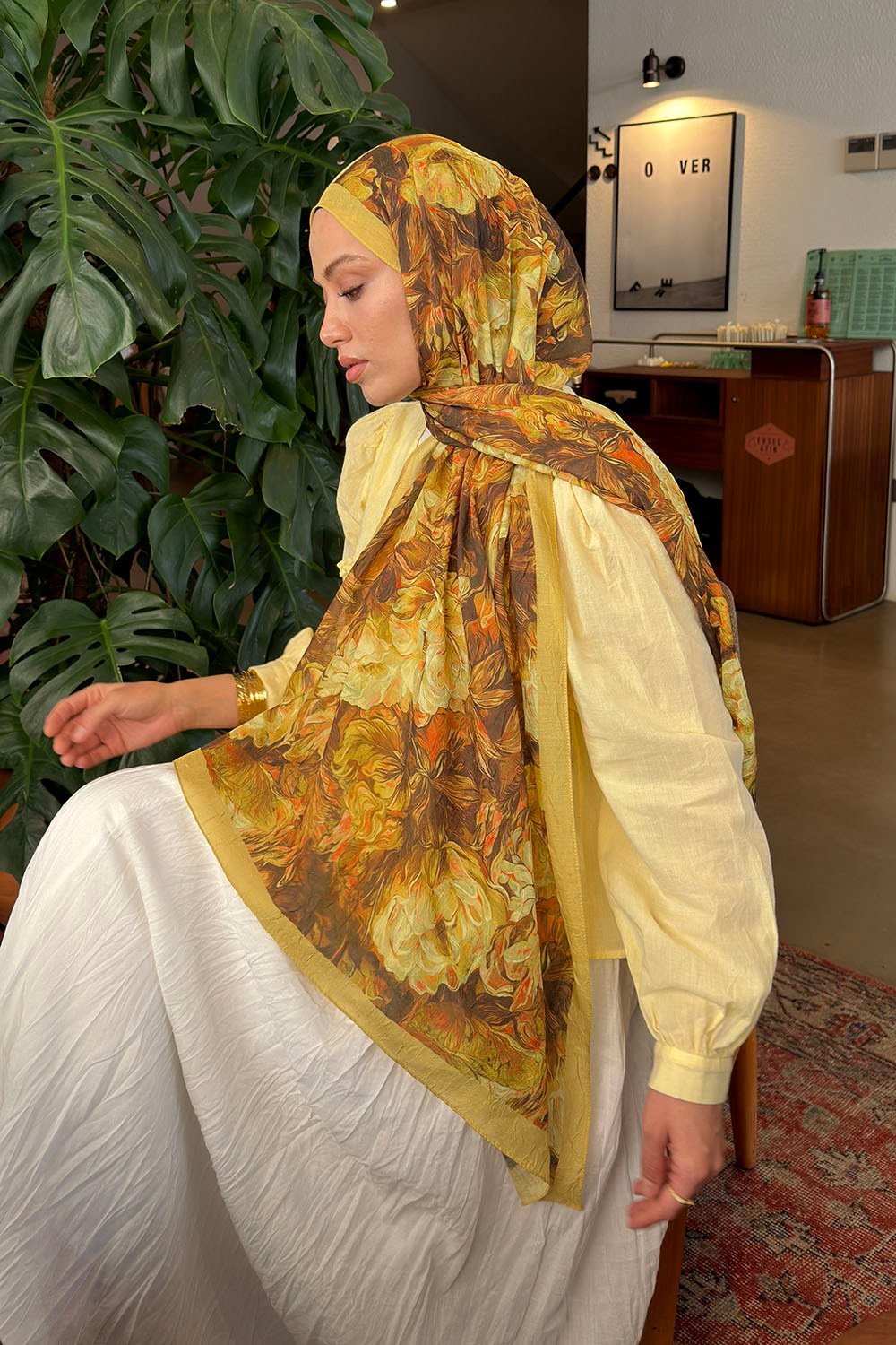 Vintage Flower Desen Bambu Şal Yağ Yeşili