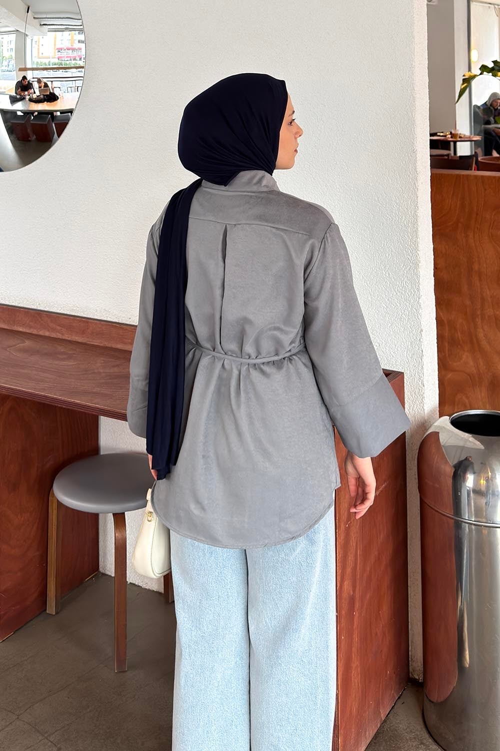 Bağlama Detaylı Süet Gömlek Gri