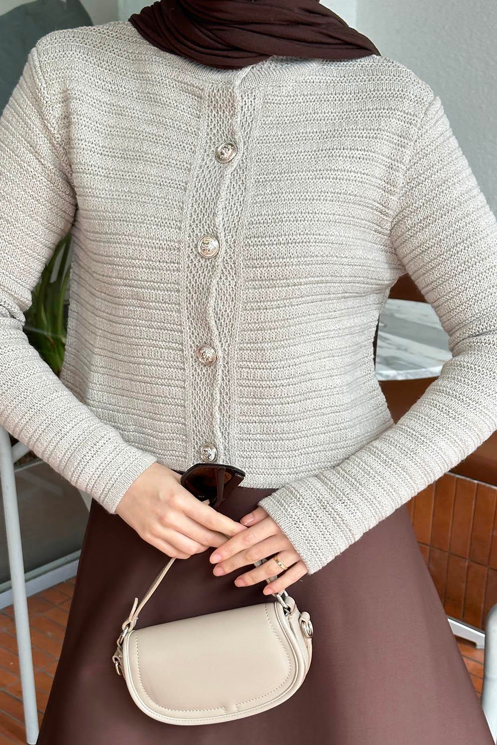 Links Desenli Crop Hırka Taş