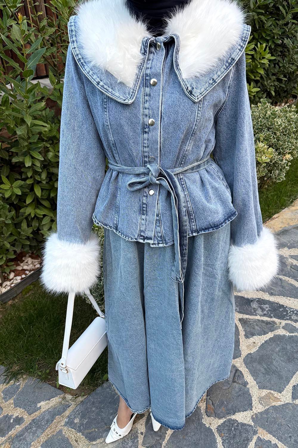 Kürk Detaylı Denim Takım Kot Mavi