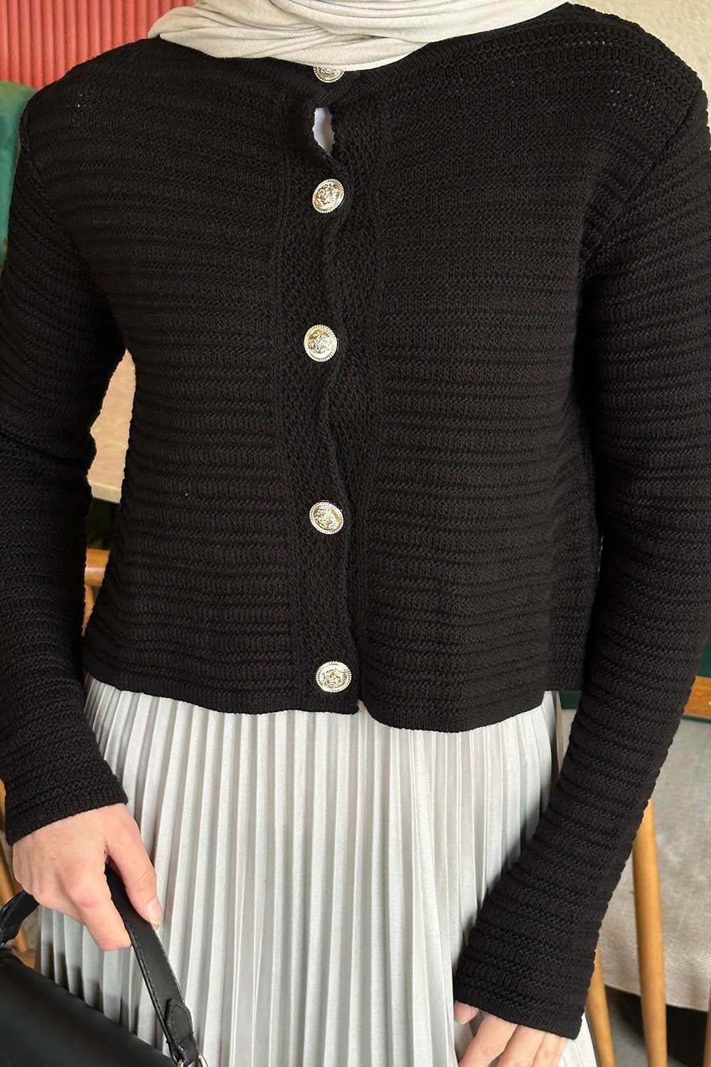 Links Desenli Crop Hırka Siyah