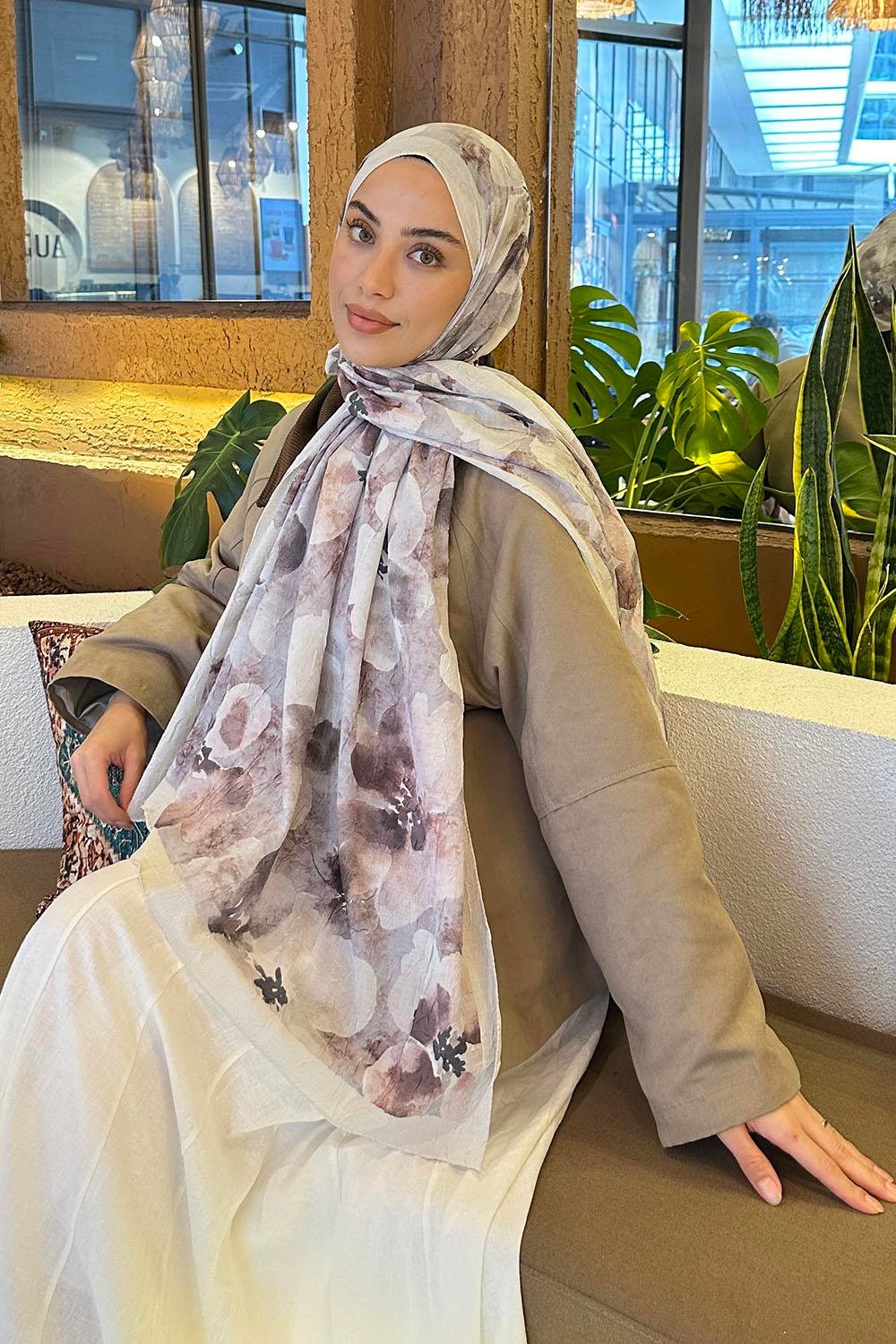 Batik Çiçek Desen Bambu Şal Taş