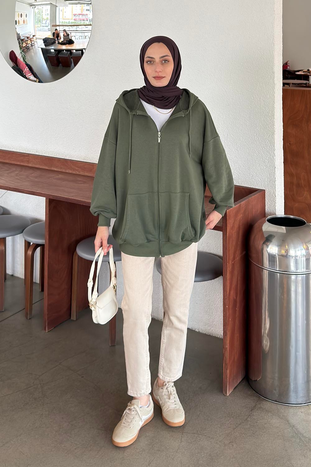Kapüşonlu Fermuarlı Sweatshirt Hırka Haki