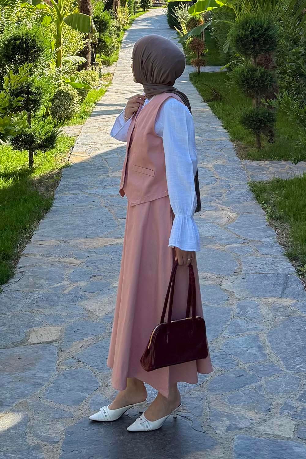 Gabardin Yelek-Etek İkili Tesettür Takım Pudra