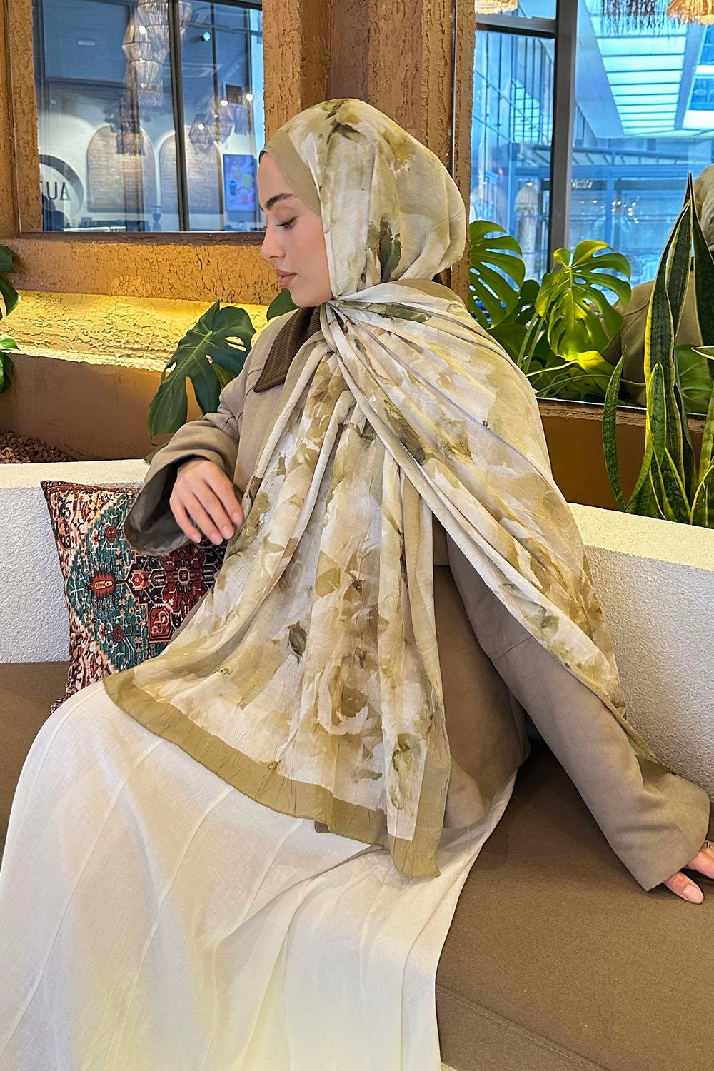 Gül Desen Bambu Şal Mint Yeşili