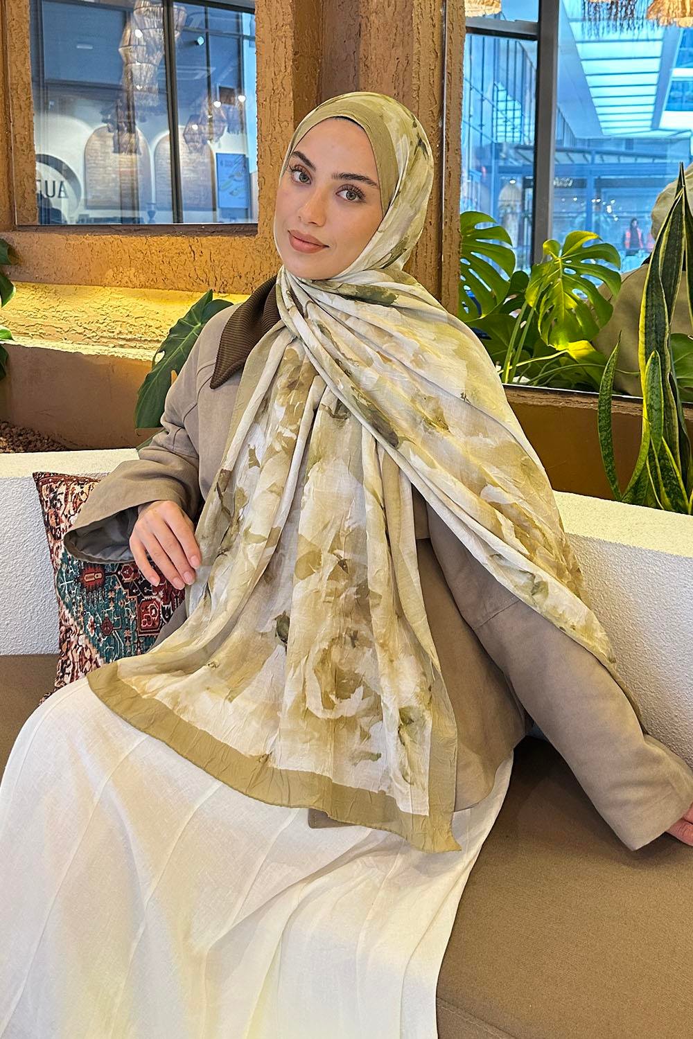 Gül Desen Bambu Şal Mint Yeşili