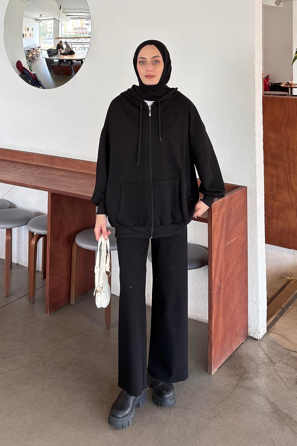 Kapüşonlu Fermuarlı Sweatshirt Hırka Siyah